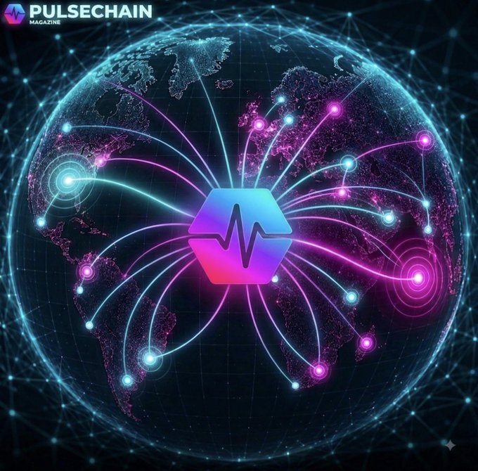 A digital graphic featuring a globe overlaid with a network of glowing pink and blue lines radiating from a central hexagonal icon with a pulse wave symbol, branded 'PULSECHAIN MAGAZINE' in the upper left.