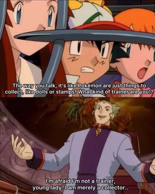 A Pokémon anime screenshot where Ash and Misty confront Giovanni, who replies, 'I'm afraid I'm not a trainer, young lady. I am merely a collector.'