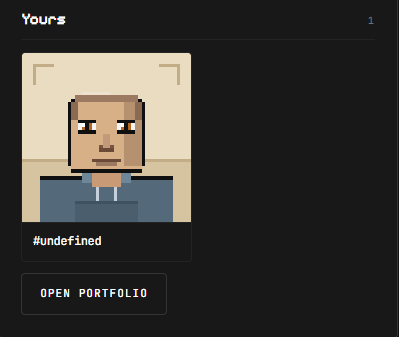 A pixel art portrait of a bald man wearing a blue shirt, displayed under the heading "Yours" with the label "#undefined" and an "OPEN PORTFOLIO" button, suggesting this is the NFT minted by the user @zaddrnet.