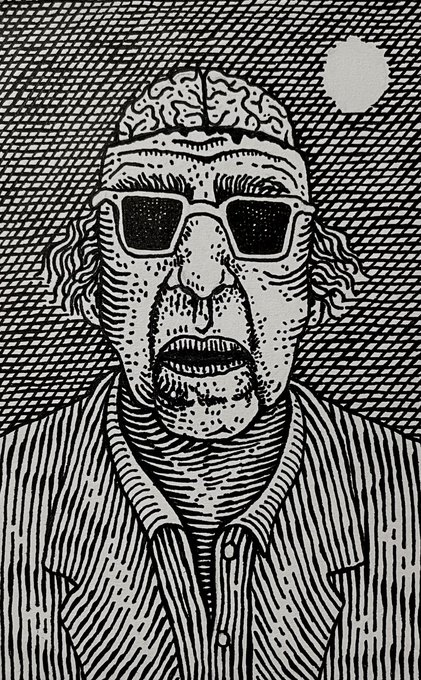 A black and white woodcut-style illustration depicts a man with an exposed brain, sunglasses, and a mustache against a patterned background.