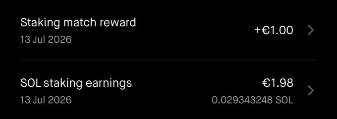 A mobile app screen showing 'Staking match reward' of +€1.00 and 'SOL staking earnings' of €1.98 (0.029343248 SOL), both dated 13 Jul 2026.