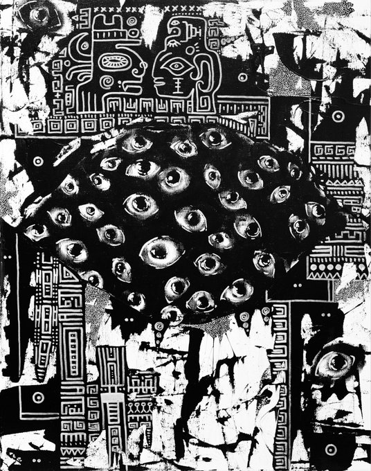 A black and white surrealistic artwork featuring a central mass covered in numerous realistic eyes, surrounded by tribal-style geometric patterns, abstract faces, and fragmented imagery with multiple scattered eyes throughout the composition.