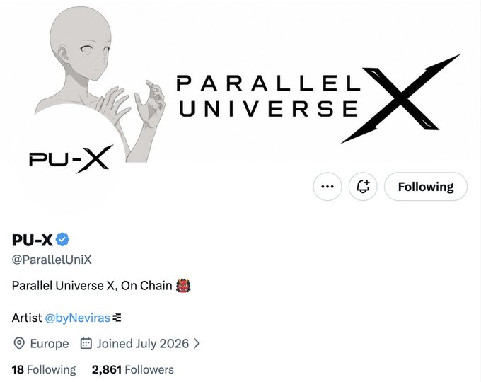 A Twitter profile screenshot for @ParallelUniX displaying the PU-X brand, an anime-style waifu character sketch, and the bold "PARALLEL UNIVERSE X" logo. The caption promotes the upcoming NFT collection of hand-drawn Japanese folklore-inspired waifu characters on ETH, featuring 6,666 supply, free mint WL via burning Villains NFTs, and artist collaboration with @byNeviras.