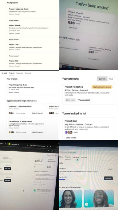 A collage of various freelance platform screenshots showing project listings, invitations, payments, and earnings from services like Contra and other work platforms.