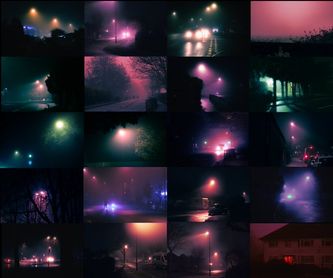 A grid of twenty moody, atmospheric photographs showing nighttime scenes of foggy streets illuminated by streetlights in various colors including pink, green, and orange.