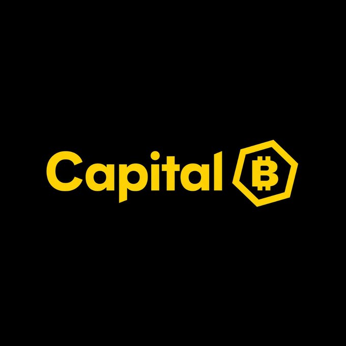 The image shows the yellow "Capital ₿" logo of the Paris-listed Bitcoin treasury firm on a black background, representing Capital B, the company that received an $8.8M investment from Adam Back to purchase up to 376 BTC.