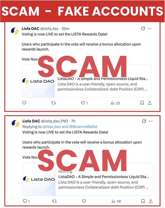 The image shows a social media post about fake accounts and scams. The post has two sections with different messages displayed. One section contains a red banner that reads "Scam" followed by a message about fake accounts, while the other section features a white banner with a message about voting for Lista DAO. Both sections are in black text against a gray background.
