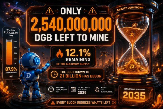 A digital graphic about cryptocurrency showing 'ONLY 2,540,000,000 DGB LEFT TO MINE' and '12.1% REMAINING OF THE MAXIMUM SUPPLY', featuring a robot character and an hourglass with the text 'SCARCITY COUNTDOWN'.
