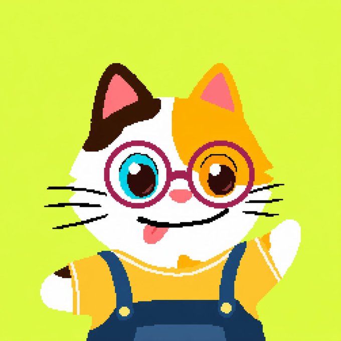 A cute cartoon illustration of a calico cat with white, brown, and orange patches, wearing round red glasses and blue overalls with a yellow shirt, sticking out its tongue against a bright yellow-green background.