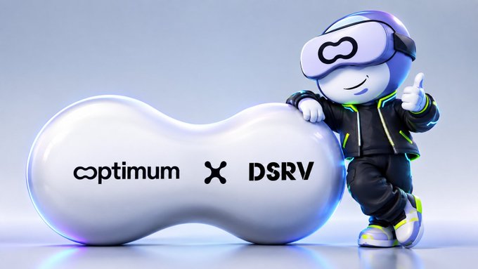 A 3D rendered character wearing a VR headset gives a thumbs-up while leaning against a white capsule displaying the logos 'optimum' and 'DSRV'.
