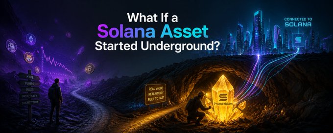 The image is a dramatic digital illustration depicting the headline "What If a Solana Asset Started Underground?" with a futuristic city skyline labeled "CONNECTED TO SOLANA" above ground, and a glowing golden crystal inscribed with "E Promethium" being mined by a figure in a cavern below. A signpost reads "HYPE, PUMPS, RUGS, NO UTILITY, SHORT TERM" alongside another reading "REAL VALUE, REAL UTILITY, BUILT TO LAST," reinforcing the post's message that Promethium distinguishes itself from typical Solana tokens by starting as a genuine "minecoin" with real utility rather than just another hype-driven token.