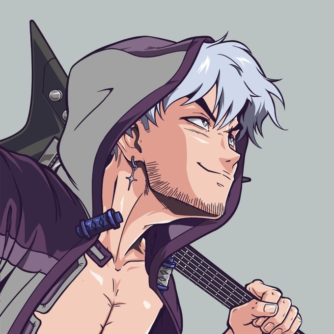 An anime-style portrait of a smiling young man with silver hair, wearing a hooded jacket, an eyepatch, and a star earring, holding a large weapon over his shoulder.