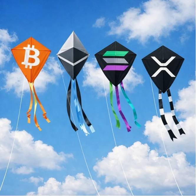 Four diamond-shaped kites flying against a blue cloudy sky, each featuring cryptocurrency logos: Bitcoin (orange), Ethereum (black/silver), Solana (black with purple/green stripes), and XRP (black with X logo).