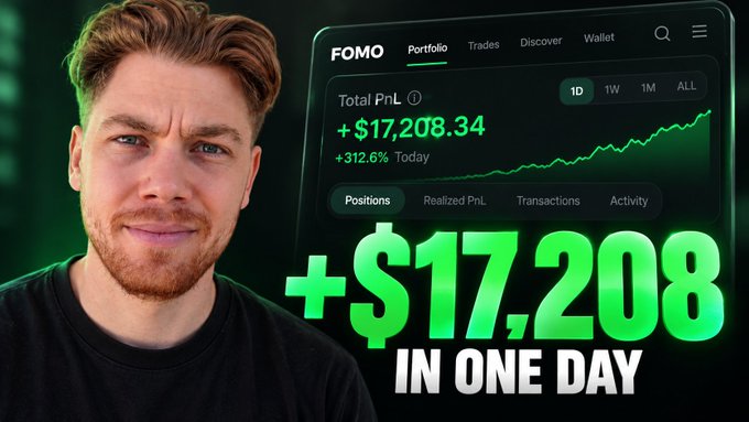 A thumbnail featuring a young man with a slight smirk beside a FOMO trading app screenshot showing a portfolio gain of +$17,208.34 (+312.6% Today) with a green upward-trending chart, overlaid with bold text reading "+$17,208 IN ONE DAY" to promote a video about how he made that amount trading memecoins.
