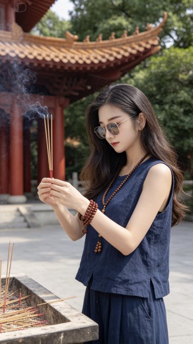 A young woman in a navy linen outfit and round sunglasses holds burning incense sticks before a traditional Chinese temple. The accompanying post reflects on life's impermanence while standing in the same setting, with the curling incense smoke serving as a visual metaphor for the fleeting, unpredictable nature of existence and crypto markets alike.

(Note: No text, numbers, tickers, or names are visible in the image itself.)