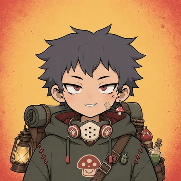 An anime-style illustration of a dark-haired character wearing a green mushroom-themed hoodie, accessorized with a gas mask around the neck, a lantern, and various bottles, set against an orange background.