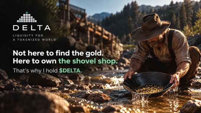 An advertisement for '$DELTA' featuring a gold prospector panning in a stream, with text reading 'Not here to find the gold. Here to own the shovel shop. That's why I hold $DELTA.'