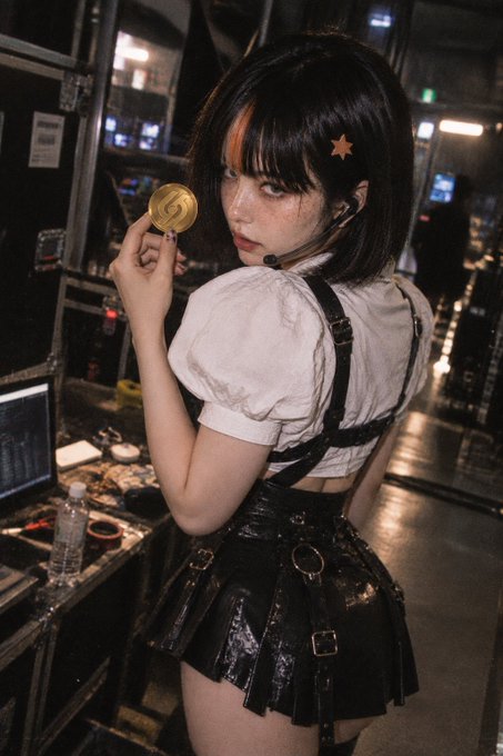 A young woman with a star hair clip, wearing a white puffed-sleeve blouse and black pleated leather skirt, holds a gold coin near her face in what appears to be a backstage area.