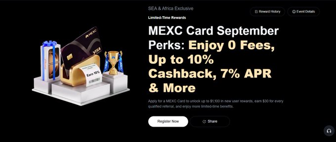 A promotional banner for 'MEXC Card September Perks' advertising '0 Fees, Up to 10% Cashback, 7% APR & More' with images of a credit card, a gift box, and a trophy.