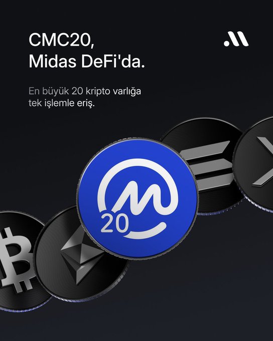 A dark promotional graphic for Midas DeFi features a blue coin marked "M20" alongside black coins representing major cryptocurrencies including Bitcoin (₿), Ethereum (Ξ), Solana, and XRP, with Turkish text reading "CMC20, Midas DeFi'da" and "En büyük 20 kripto varlığa tek işlemle eriş," highlighting easy access to the top 20 crypto assets in a single transaction.