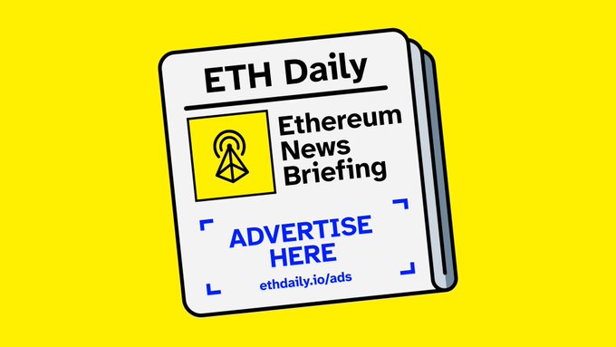 The image features a yellow sign with black text that reads "ETH Daily" at the top, followed by "Ethereum News Briefing" below it, and an advertisement for "Advertise Here" at the bottom of the sign. The background is white, which contrasts nicely with the yellow sign. The text on the sign appears to be in a serif font style, making it easy to read.