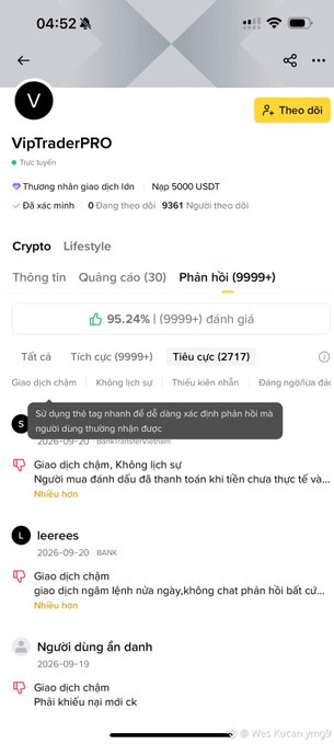 Screenshot of a Bybit user profile page for 'VipTraderPRO' showing a 95.24% positive rating, categories including Crypto and Lifestyle, and Vietnamese-language customer complaints about slow transactions and unresolved disputes.