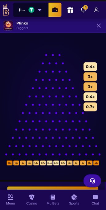A screenshot of the Plinko game by Biggerz on a betting app shows a triangular pegboard with multiplier values (0.4x, 3x, 0.7x) on the right side.