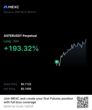 The image shows a MEXC Futures trade screenshot for ASTERUSDT Perpetual with a 50x long position that returned +193.32% profit, with an entry price of $0.7125 and fair price of $0.7406. This relates directly to the accompanying post about taking an opportunistic $ASTER long trade that generated solid morning profits.
