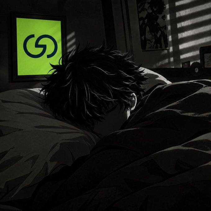 A monochrome anime-style scene shows a dark-haired person lying in bed while a green wall screen displays a stylized circular logo.