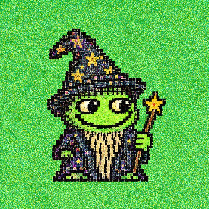 A pixel art rendering of a green-skinned wizard with a star-patterned hat and robe, holding a star-tipped wand, set against a glittery green background.