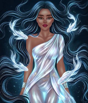 A digital artwork titled "Guardian of the Silent Galaxies" depicting a serene goddess-like figure with flowing dark hair surrounded by ethereal fish, presented as a 1/1 NFT on XRP Cafe. The mystical, celestial imagery aligns with the post's theme of artistic guardianship and the creator's hope to find the piece a new home after over a month of holding.