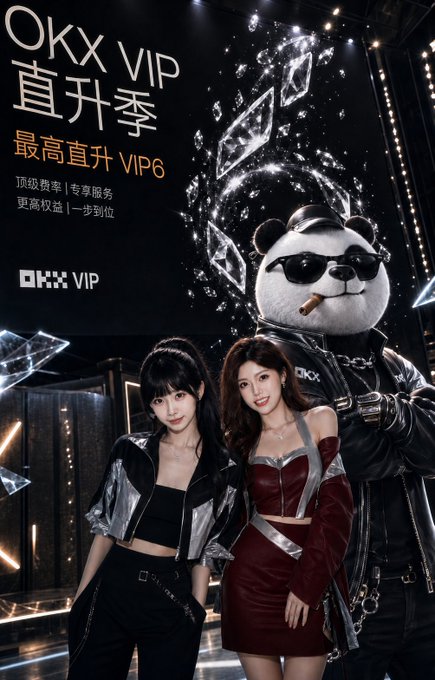 A promotional advertisement for OKX VIP features two women and a panda mascot wearing sunglasses and a leather jacket, with text reading 'OKX VIP 直升季 最高直升 VIP6 顶级费率 | 专享服务 更高权益 | 一步到位'.