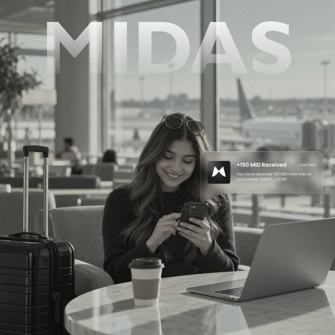 A black-and-white styled promotional image shows a smiling woman at an airport with luggage and laptop, with a MIDAS branding and a notification '+150 MID Received' pop-up.