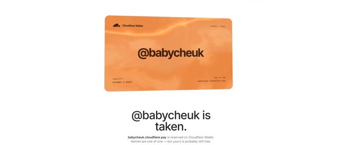 A Cloudflare Wallet page showing that the username '@babycheuk' is taken, displayed on an orange card.
