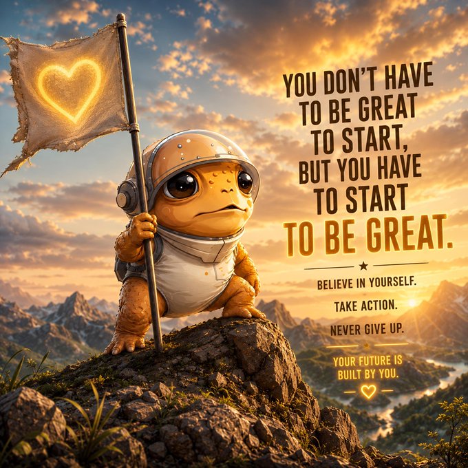 A motivational digital illustration of a cute orange creature in a space helmet holding a glowing heart flag atop a rocky hill, accompanied by text: 'YOU DON'T HAVE TO BE GREAT TO START, BUT YOU HAVE TO START TO BE GREAT. BELIEVE IN YOURSELF. TAKE ACTION. NEVER GIVE UP.'