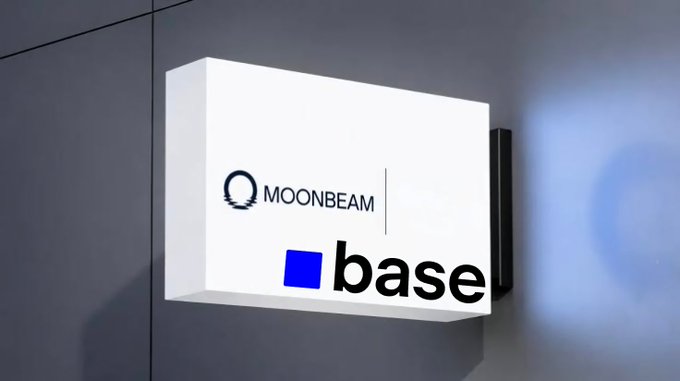 An illuminated wall sign displaying the 'MOONBEAM' and 'base' logos.