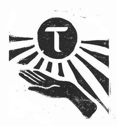 A black and white graphic illustration depicts a hand reaching upward beneath a circular logo with the letter 'T' surrounded by stylized sun rays.