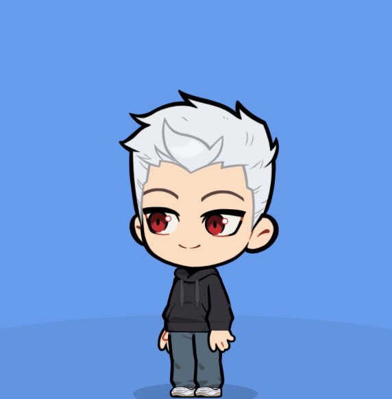 A chibi-style cartoon avatar with white spiky hair and red eyes, wearing a black hoodie, dark jeans, and white shoes against a blue background.