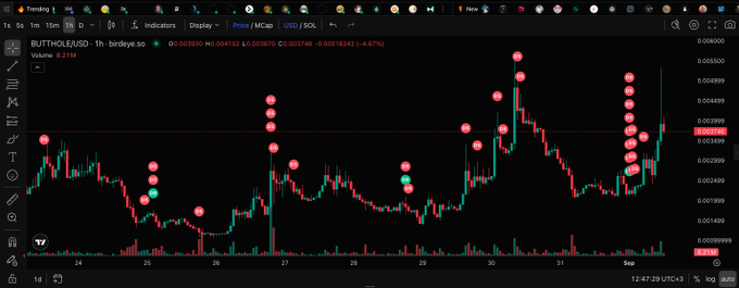 A 1-hour TradingView chart for BUTTHOLE/USD on bridgy.so showing price action with multiple pink sell signal markers and one green buy signal marker between Aug 24 and Sep 1.