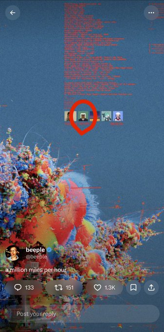 A screenshot of Beeple's Twitter/X profile shows his tweet "a million miles per hour" with 1.3K likes, alongside his colorful artwork. A red circle and map pin highlight a row of four small avatars at the top of the image, drawing attention to the highlighted profile among the list.