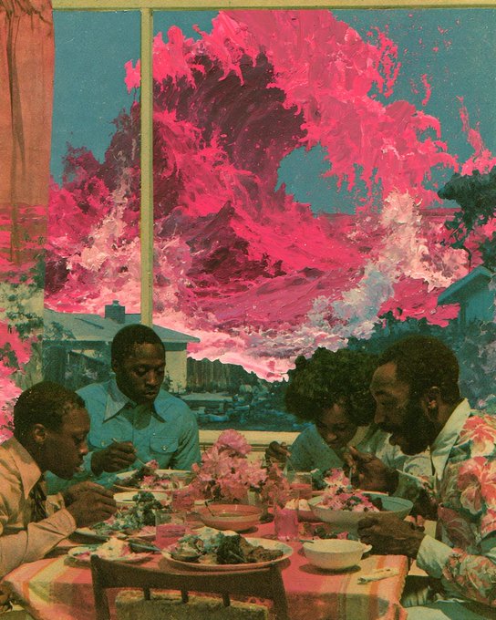 A stylized, surreal digital artwork showing four Black people dining together at a table with a dramatic pink cloud formation visible through a window behind them.