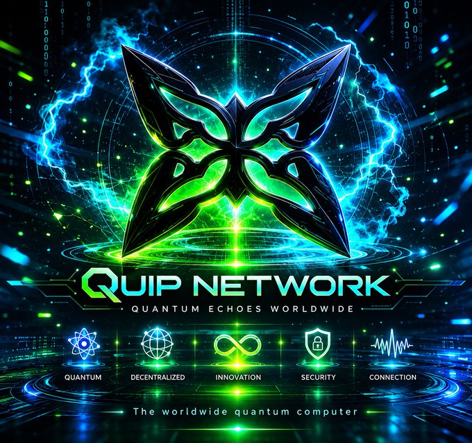 The image features a poster for Quip Network that showcases their vision of the future. The poster has a futuristic design with blue and green colors, giving it an otherworldly feel. At the center of the poster, there's a butterfly-like shape made up of four lines, symbolizing the interconnectedness of the digital world. Surrounding this central image are various symbols representing different aspects of their vision for the future. These include a globe, a shield, and a lightning bolt, all contributing to the overall theme of decentralization and innovation within the quantum-powered ecosystem. The text on the poster emphasizes the importance of these concepts in shaping the future of computing.