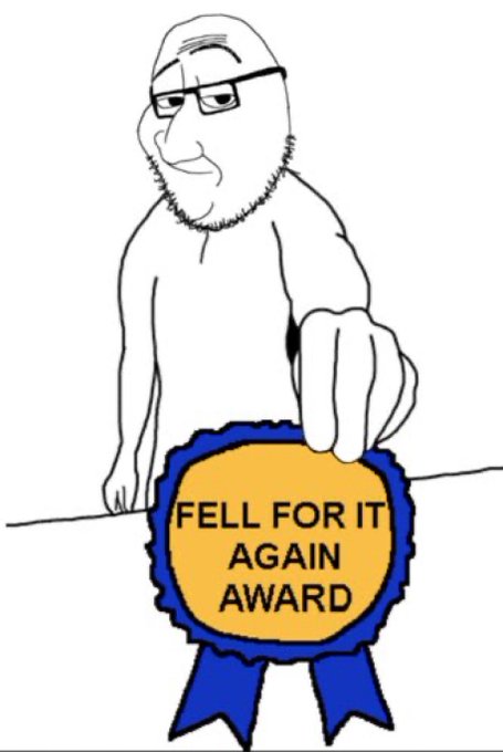 A cartoon drawing of a bald man with glasses receiving a yellow and blue ribbon award that reads 'FELL FOR IT AGAIN AWARD'.