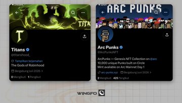 Two Twitter profile cards for "Titans" (@titanshood_) and "Arc Punks" (@ArcPunksNFT) displayed in a split view, with the green-themed Titans profile showcasing "The Gods of Robinhood" NFT collection and the dark blue Arc Punks profile highlighting their 10,000 unique Punk collection built on the Arc network, both highlighted as early NFT projects to watch.