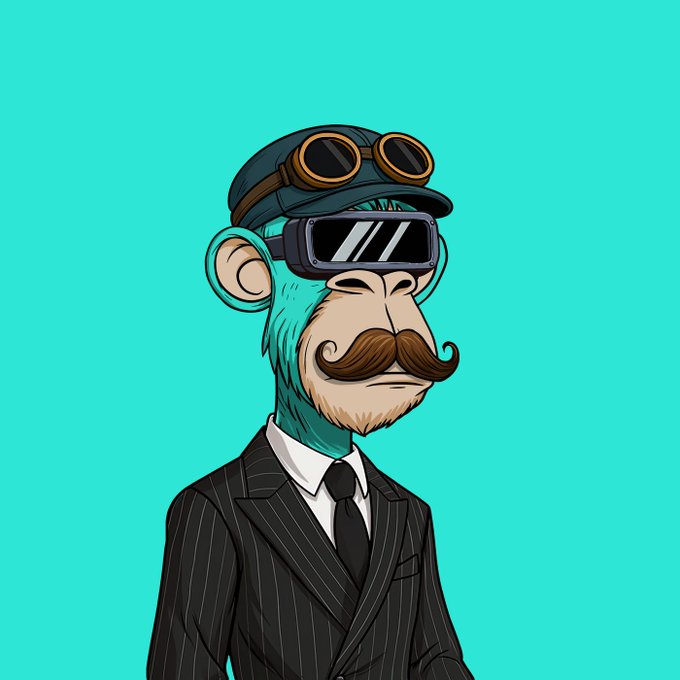 A cartoon illustration of a teal-colored monkey wearing a black pinstripe suit, tie, flat cap with goggles, and a VR headset against a teal background.