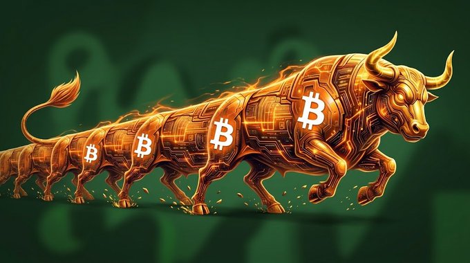 A line of golden, mechanical bull statues bearing the Bitcoin "₿" symbol charge forward in tandem against a green background, symbolizing the powerful, unstoppable momentum behind the crypto market rally referenced in the post.

The image visually reinforces the Bitwise CIO's bold prediction by depicting a relentless, multi-layered "bull" surge—each armored bull marked with Bitcoin's ₿ logo—capturing the unprecedented strength and longevity of the anticipated crypto bull market.