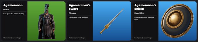 The image displays three Fortnite cosmetic items unlocked from the "Agamemnon" set: the "Agamemnon" Outfit (compared to the walls of Troy), the "Agamemnon's Sword" Pickaxe (command your legions), and the "Agamemnon's Shield" Back Bling (a decade of war on your back), confirming the recent decryption of this ancient Greek-themed character bundle.