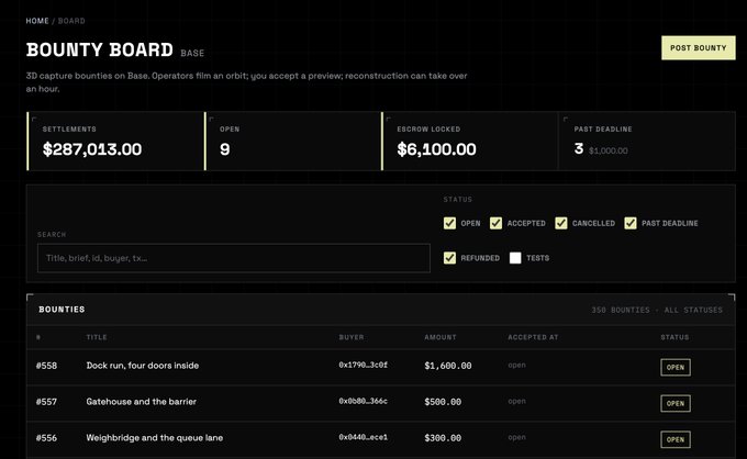 A screenshot of a 'BOUNTY BOARD' interface shows a 'BASE' category with total settlements of $287,013.00 and 9 open bounties, listing specific 3D capture tasks like 'Dock run, four doors inside' with their respective bounty amounts.