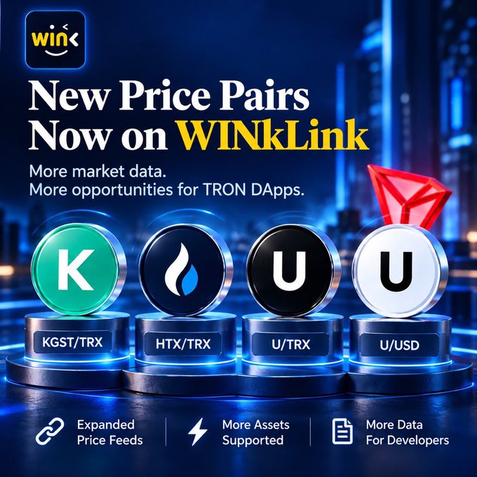 An advertisement for 'WINkLink' featuring 'New Price Pairs Now' including KGST/TRX, HTX/TRX, U/TRX, and U/USD cryptocurrency tokens.