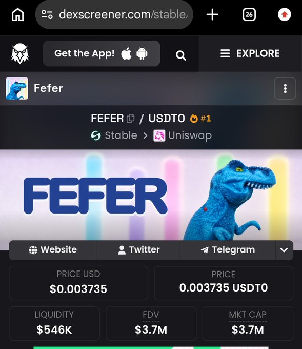 A screenshot of dexscreener.com showing the $FEFER token (paired with USDT0) on Stable via Uniswap, with a current price of $0.003735, $546K liquidity, and a $3.7M market cap. The image supports the post's claim that $FEFER could become the recognized meme coin for the Stable chain, displaying the project's dinosaur-themed branding alongside its key trading metrics.